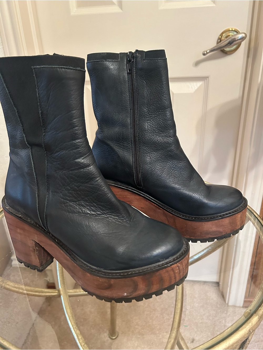 Free People Black Leather Platform Ankle Boots with Wood-Look Lug Sole